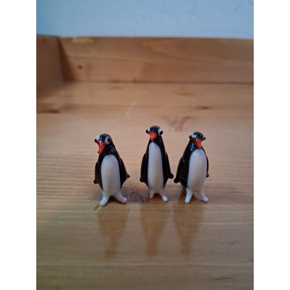 Miniature Art Glass Penguin Lot Of 3 Mini Adorable Black White READ